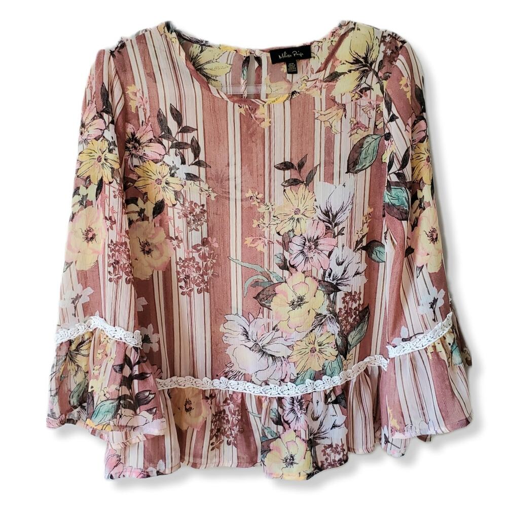 Melissa Paige Women Blouse Top M Floral Stripe Ruffle Crochet Boho Romantic